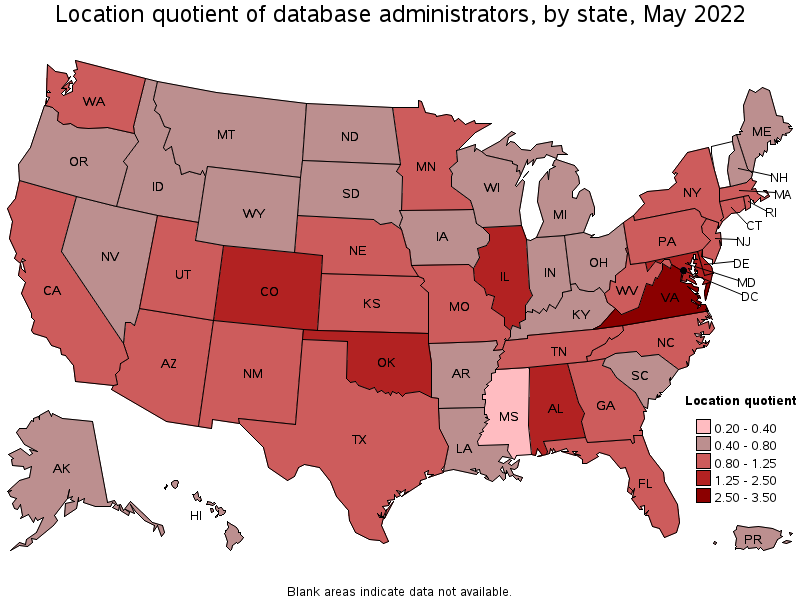 Map of location quotient of database administrators by state, May 2022