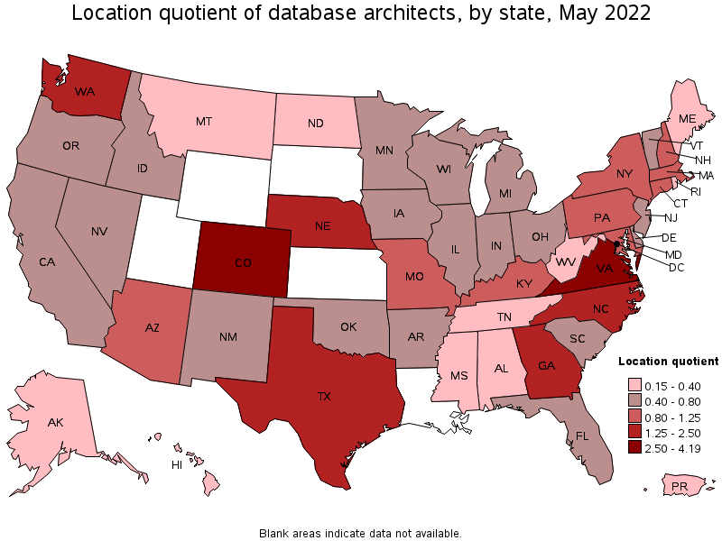 Map of location quotient of database architects by state, May 2022