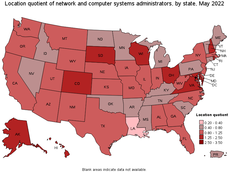 Map of location quotient of network and computer systems administrators by state, May 2022