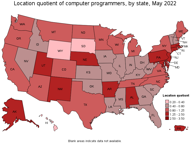 Map of location quotient of computer programmers by state, May 2022
