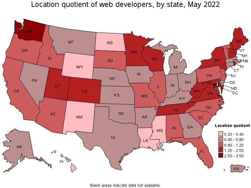 Map of location quotient of web developers by state, May 2022