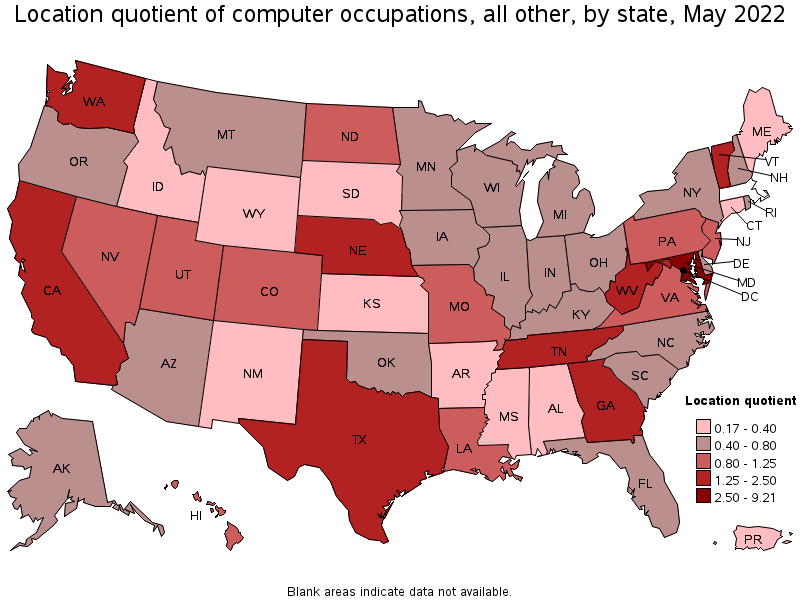 Map of location quotient of computer occupations, all other by state, May 2022