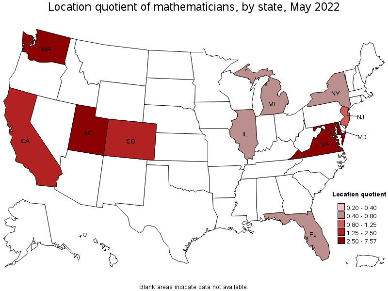 Map of location quotient of mathematicians by state, May 2022
