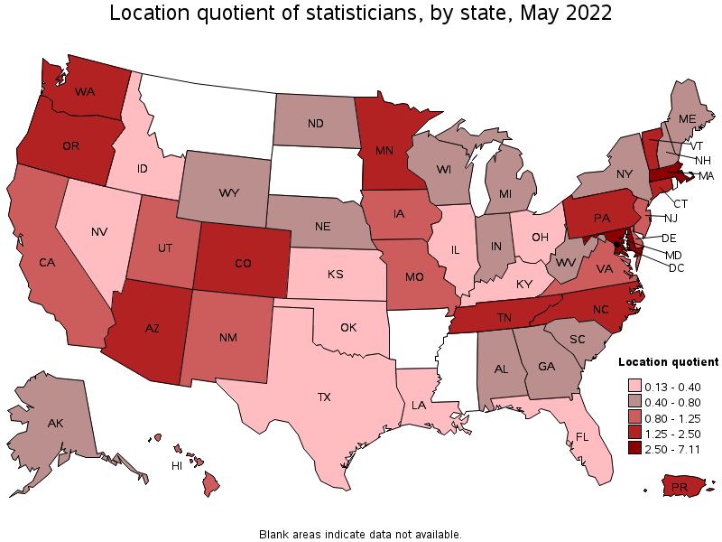 Map of location quotient of statisticians by state, May 2022