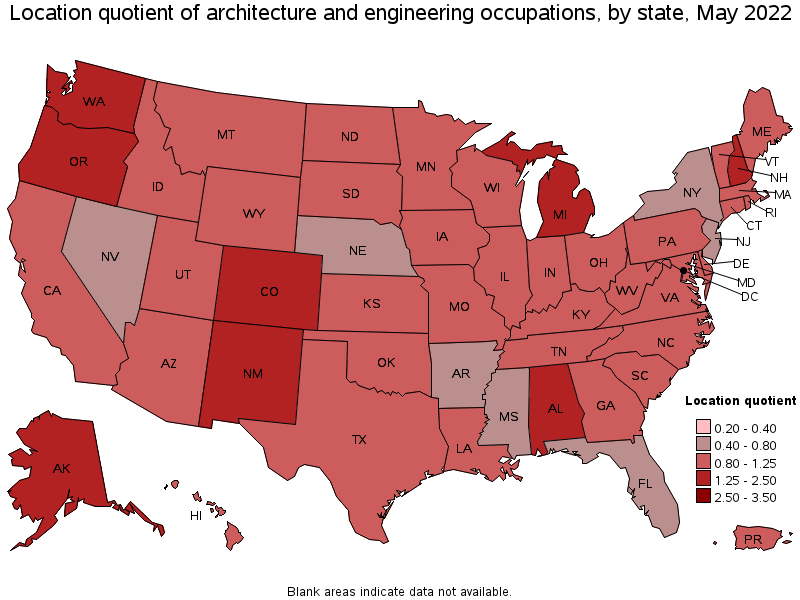 Map of location quotient of architecture and engineering occupations by state, May 2022