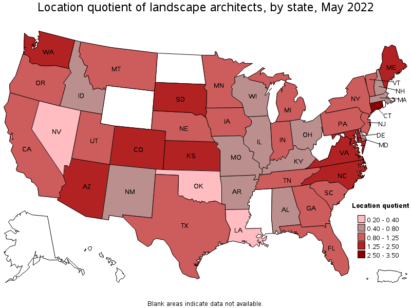 Map of location quotient of landscape architects by state, May 2022