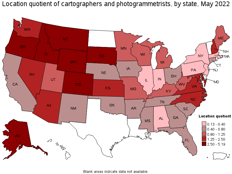 Map of location quotient of cartographers and photogrammetrists by state, May 2022