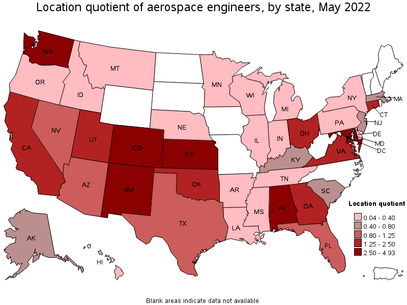 Map of location quotient of aerospace engineers by state, May 2022