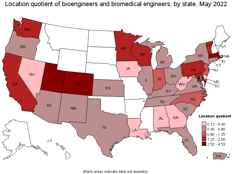 Map of location quotient of bioengineers and biomedical engineers by state, May 2022