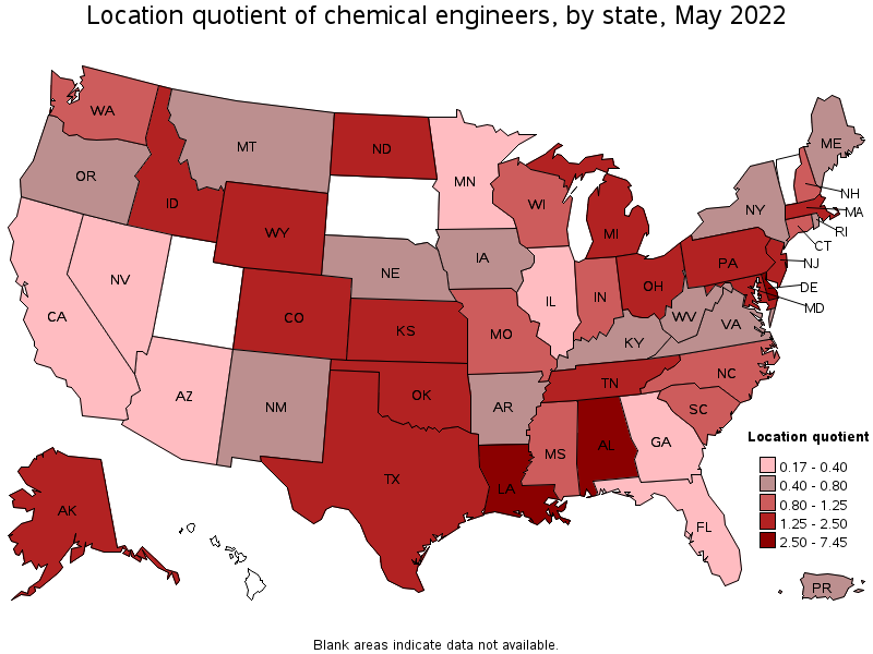 Map of location quotient of chemical engineers by state, May 2022