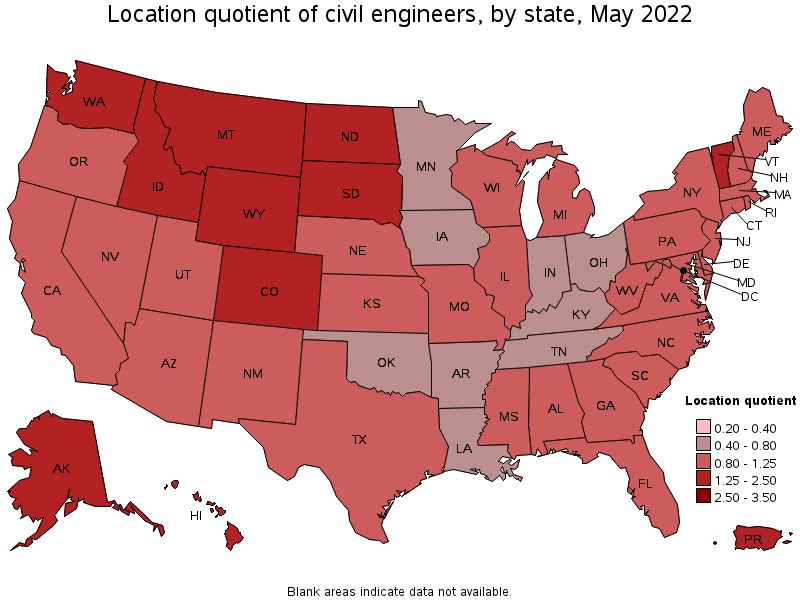 Map of location quotient of civil engineers by state, May 2022