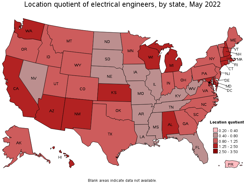 Map of location quotient of electrical engineers by state, May 2022