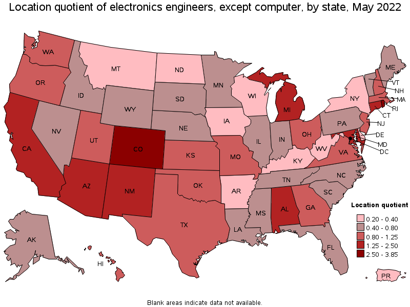 Map of location quotient of electronics engineers, except computer by state, May 2022