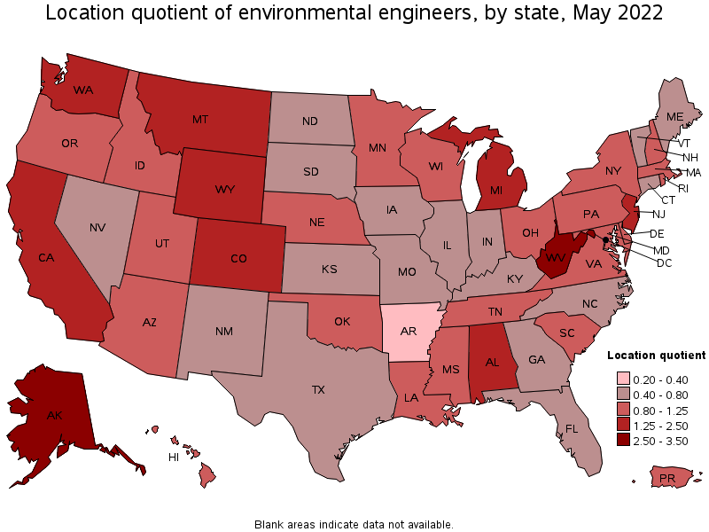 Map of location quotient of environmental engineers by state, May 2022