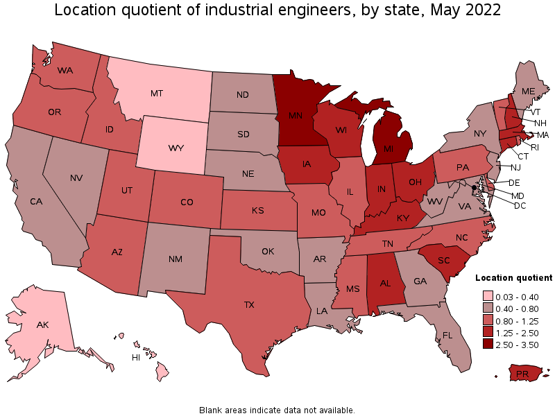 Map of location quotient of industrial engineers by state, May 2022