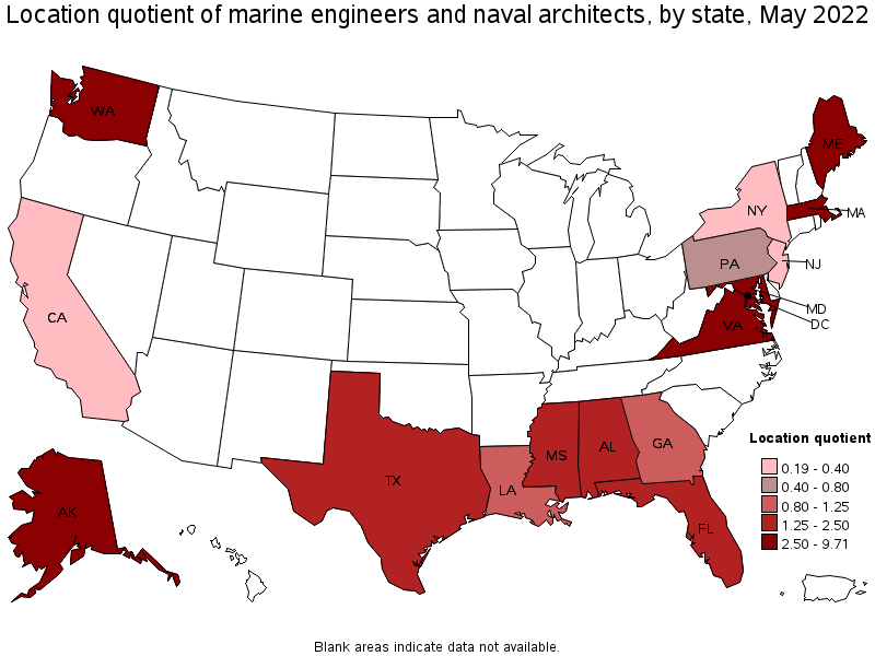 Map of location quotient of marine engineers and naval architects by state, May 2022
