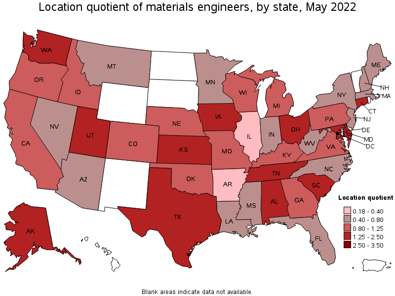 Map of location quotient of materials engineers by state, May 2022