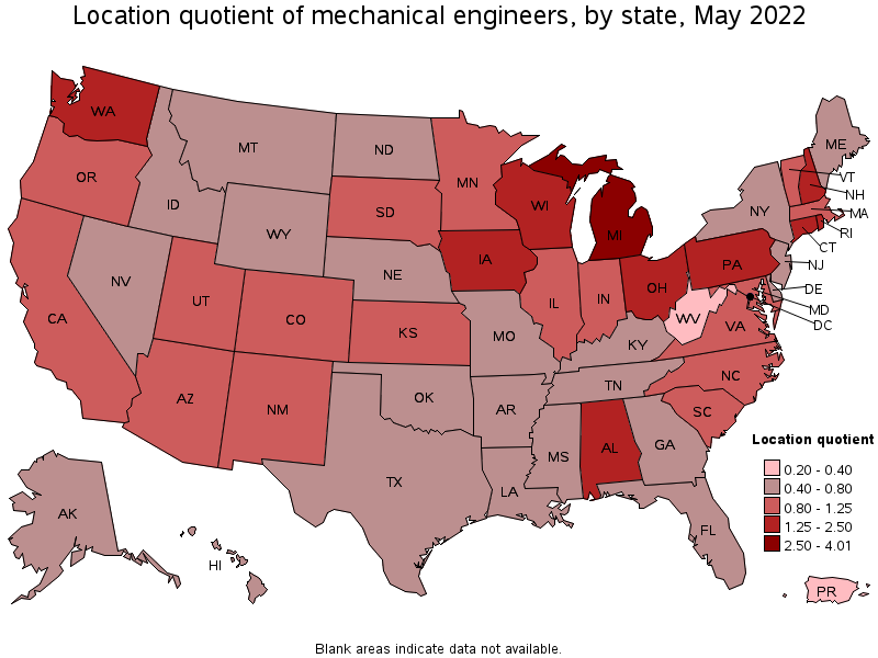 Map of location quotient of mechanical engineers by state, May 2022