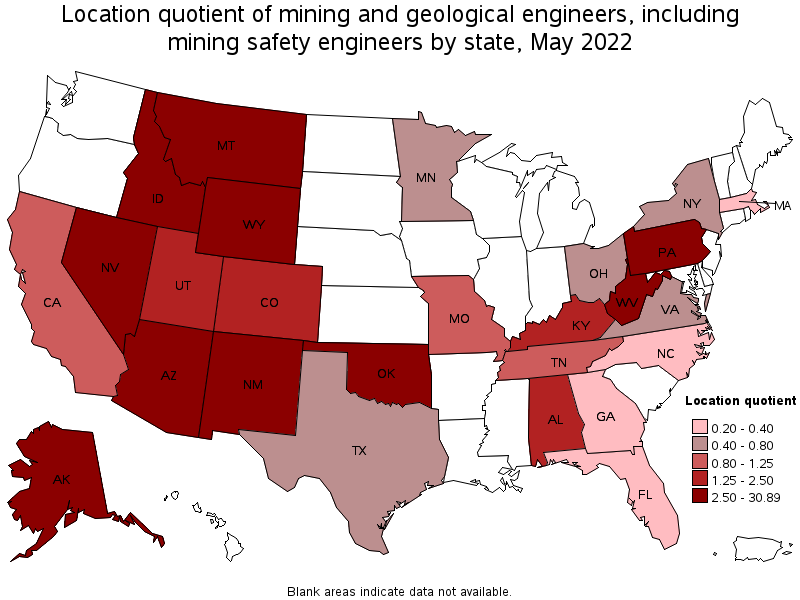 Map of location quotient of mining and geological engineers, including mining safety engineers by state, May 2022