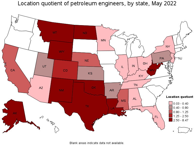 Map of location quotient of petroleum engineers by state, May 2022
