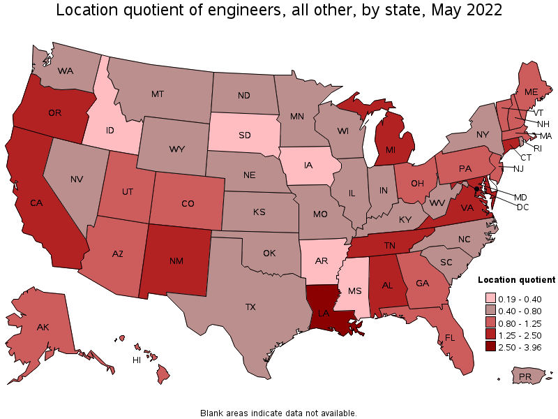 Map of location quotient of engineers, all other by state, May 2022