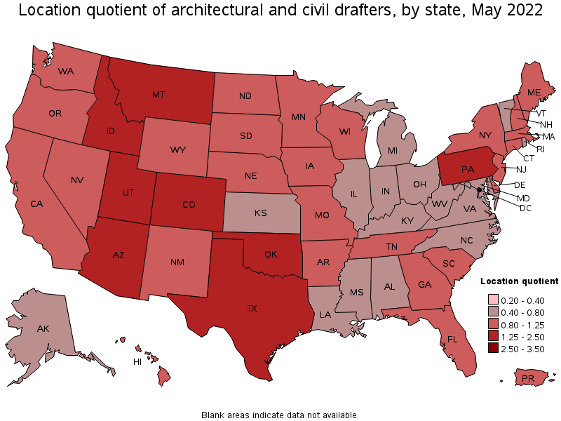 Map of location quotient of architectural and civil drafters by state, May 2022