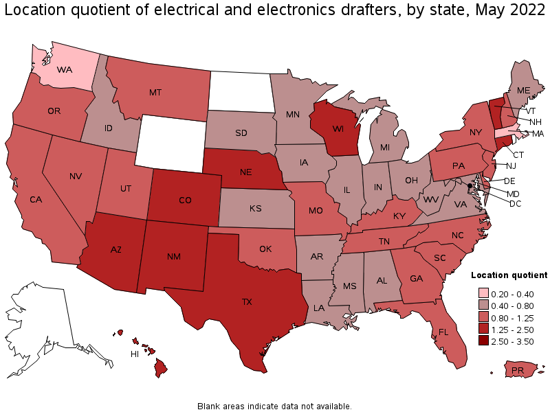 Map of location quotient of electrical and electronics drafters by state, May 2022