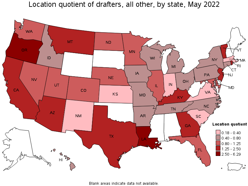 Map of location quotient of drafters, all other by state, May 2022