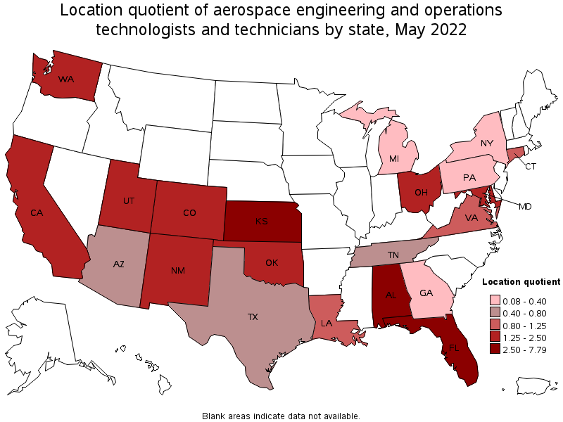 Map of location quotient of aerospace engineering and operations technologists and technicians by state, May 2022