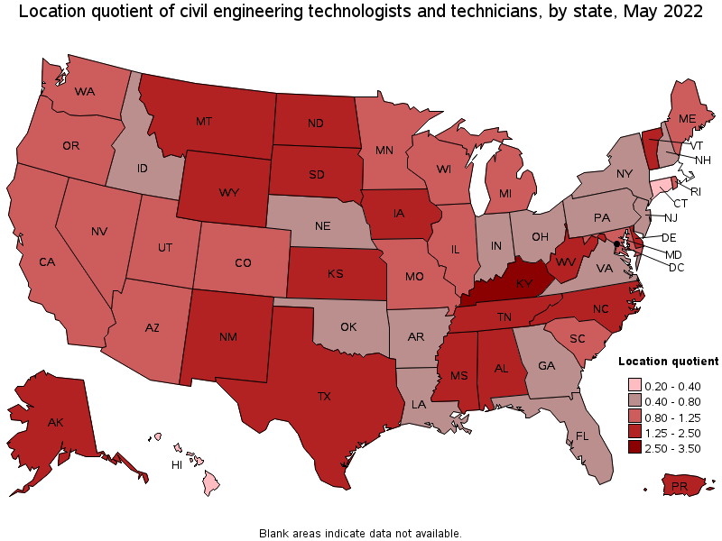 Map of location quotient of civil engineering technologists and technicians by state, May 2022