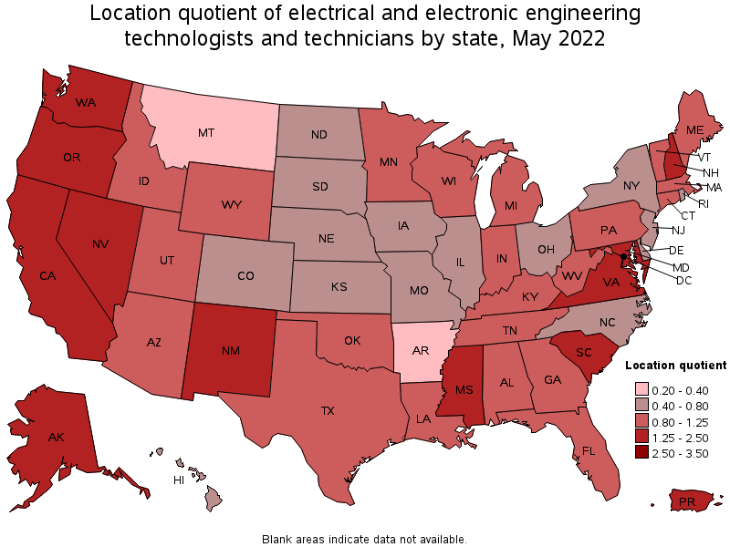 Map of location quotient of electrical and electronic engineering technologists and technicians by state, May 2022