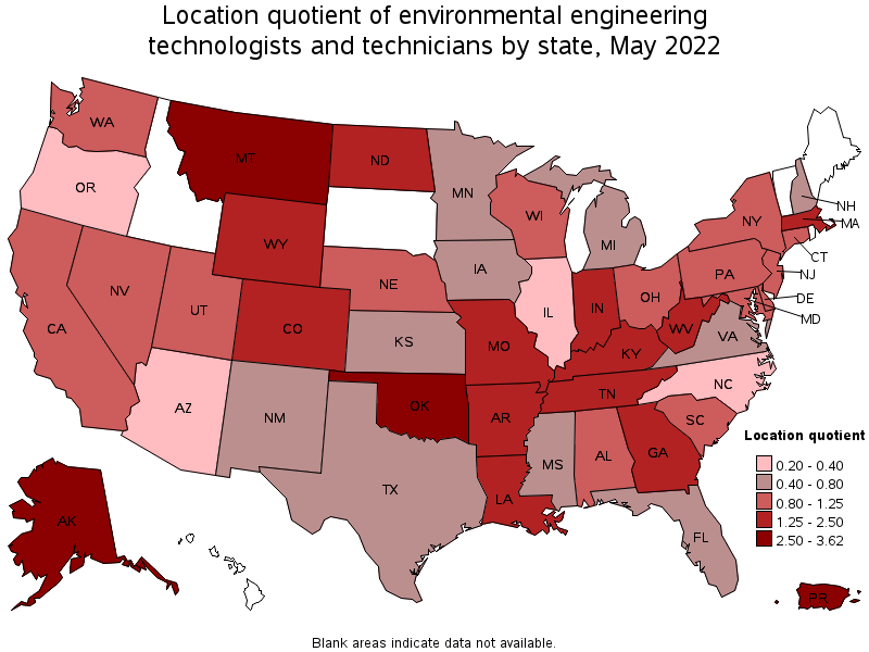 Map of location quotient of environmental engineering technologists and technicians by state, May 2022