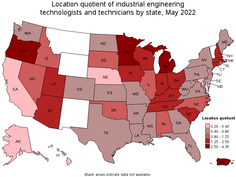 Map of location quotient of industrial engineering technologists and technicians by state, May 2022