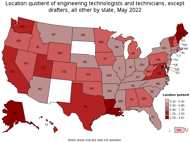 Map of location quotient of engineering technologists and technicians, except drafters, all other by state, May 2022