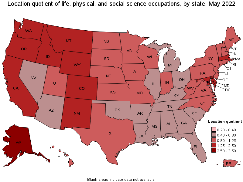 Map of location quotient of life, physical, and social science occupations by state, May 2022