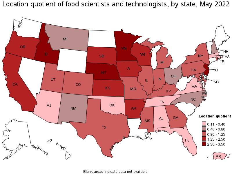 Map of location quotient of food scientists and technologists by state, May 2022
