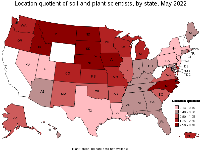 Map of location quotient of soil and plant scientists by state, May 2022