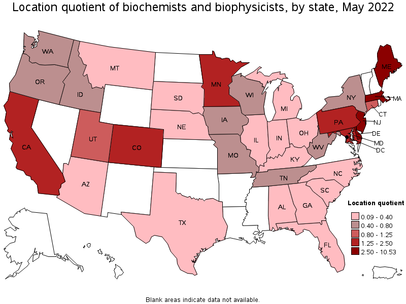 Map of location quotient of biochemists and biophysicists by state, May 2022