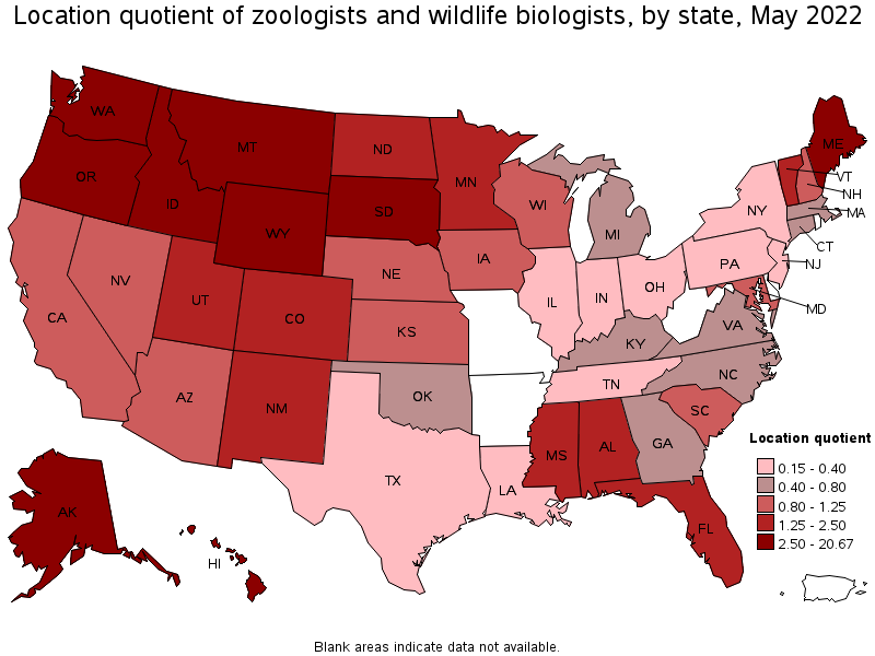 Map of location quotient of zoologists and wildlife biologists by state, May 2022