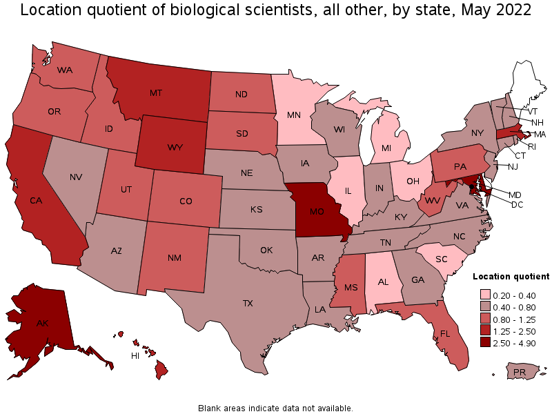 Map of location quotient of biological scientists, all other by state, May 2022
