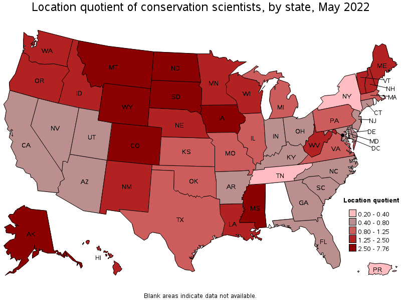 Map of location quotient of conservation scientists by state, May 2022