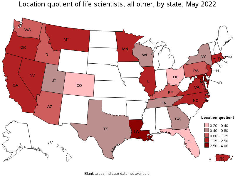 Map of location quotient of life scientists, all other by state, May 2022