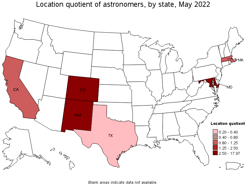 Map of location quotient of astronomers by state, May 2022