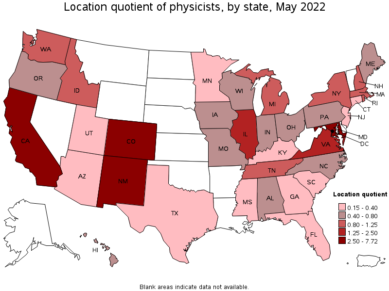 Map of location quotient of physicists by state, May 2022