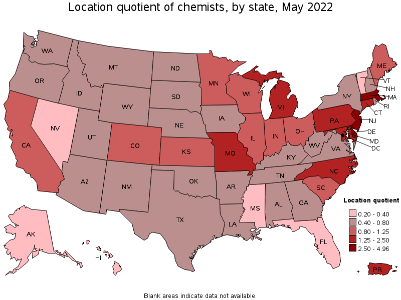 Map of location quotient of chemists by state, May 2022