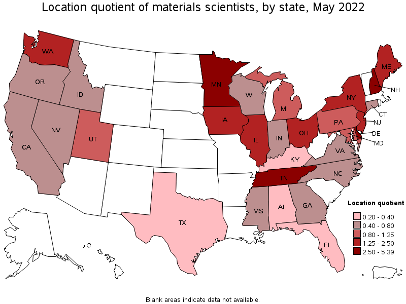 Map of location quotient of materials scientists by state, May 2022
