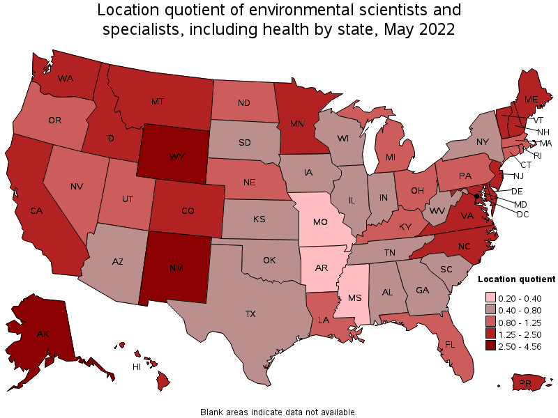 Map of location quotient of environmental scientists and specialists, including health by state, May 2022