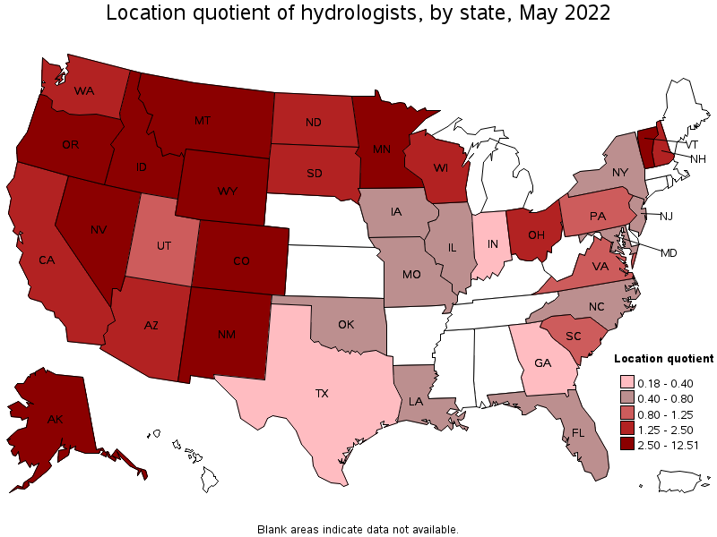 Map of location quotient of hydrologists by state, May 2022