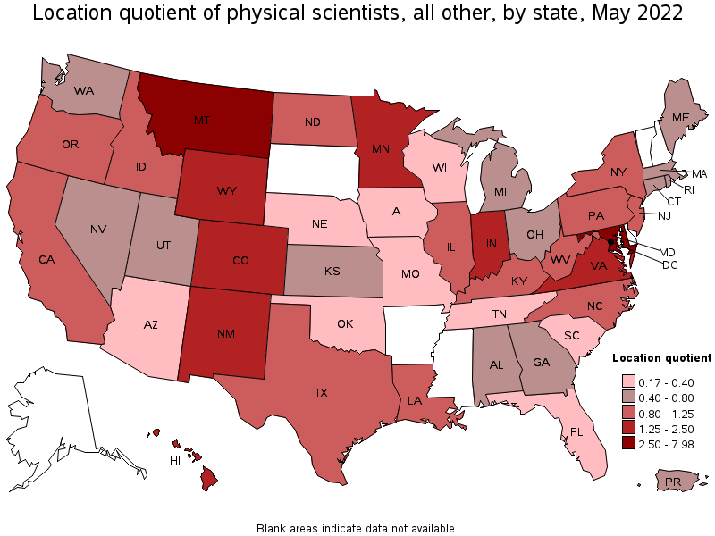 Map of location quotient of physical scientists, all other by state, May 2022