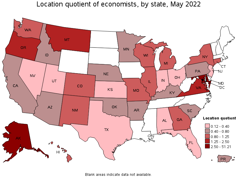 Map of location quotient of economists by state, May 2022